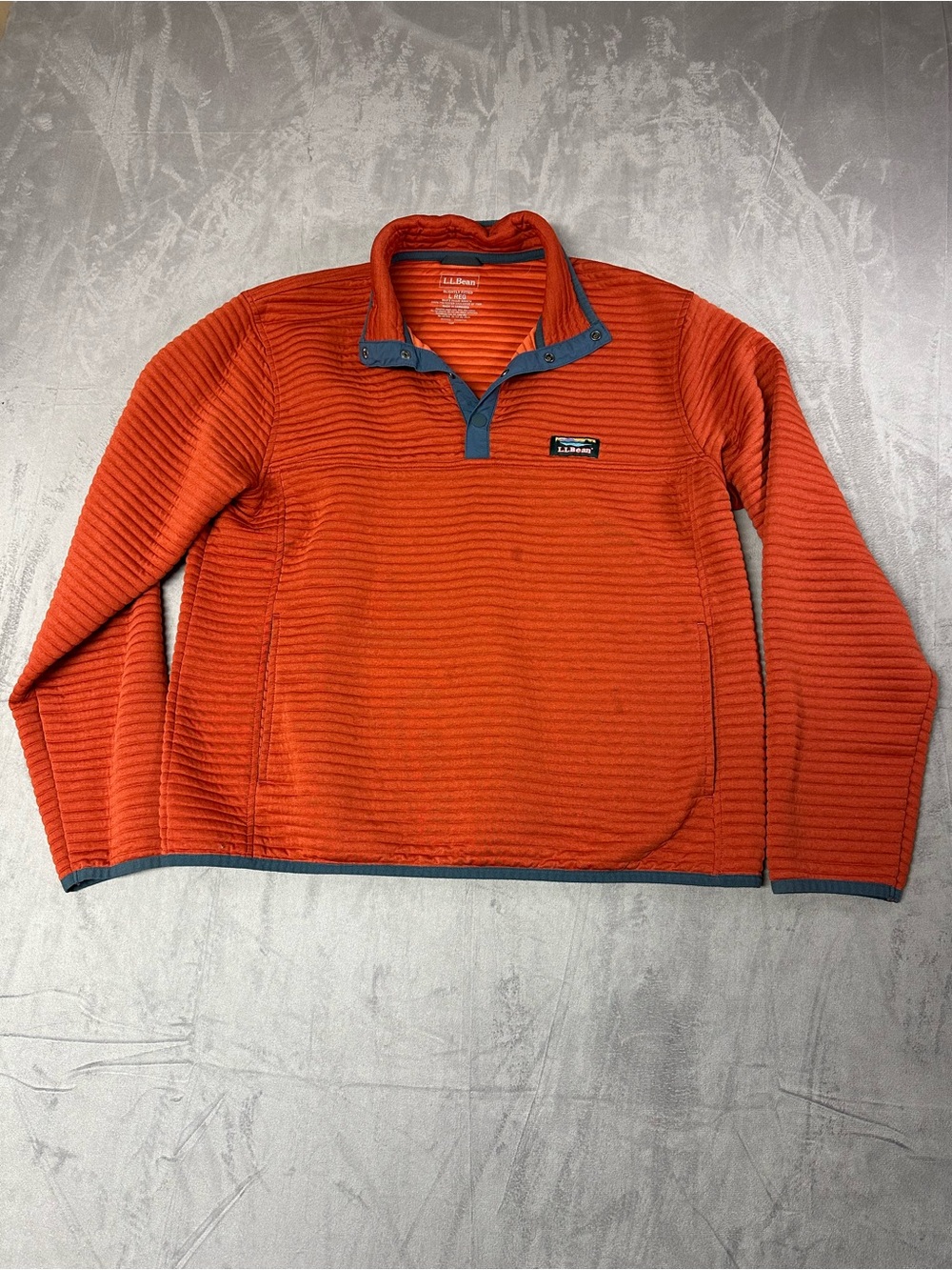 L.L. Bean Men's Orange Ribbed Quarter-Snap Fleece with Blue Trim
